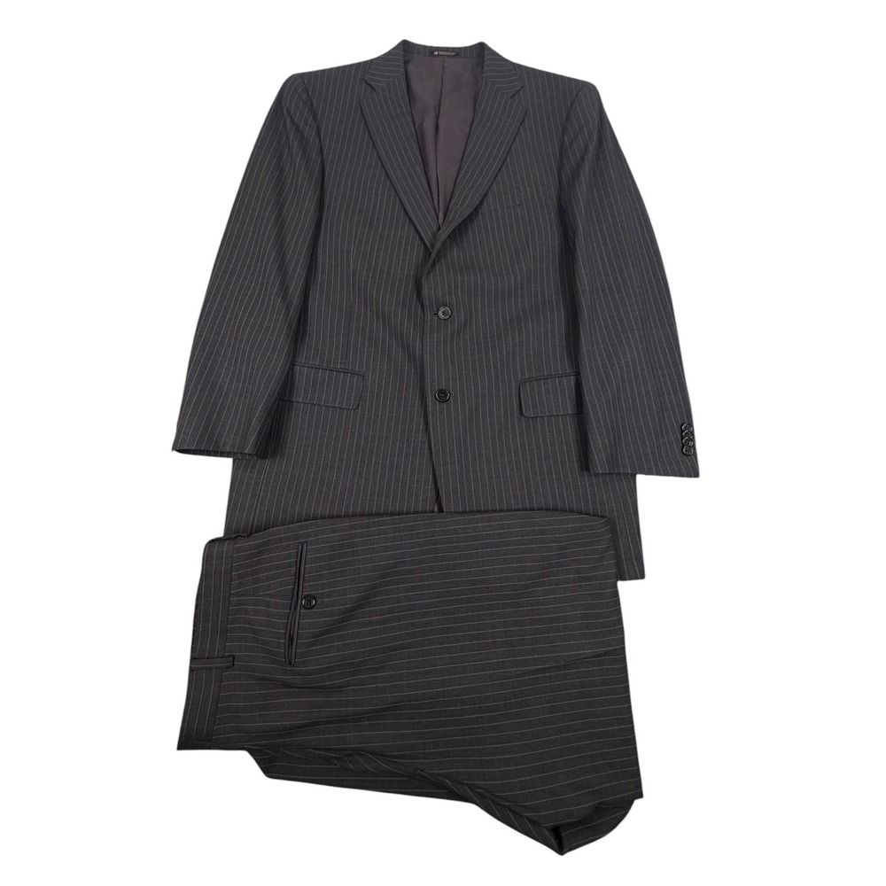 Hart Schaffner Marx Gold Trumpeter Mens Suit Pinstripe Wool Grey 44R 36X29